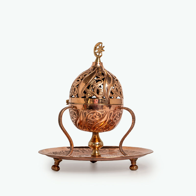 Handmade Copper Censer - Leaf and Islimi Pattern with Crescent and Star Finial