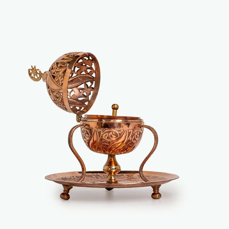 Handmade Copper Censer - Leaf and Islimi Pattern with Crescent and Star Finial