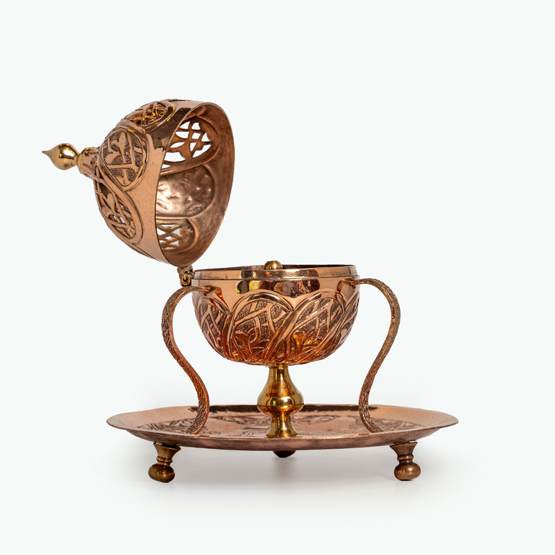 Handmade Copper Censer - Leaf and Islimi Pattern with Crescent and Star Finial