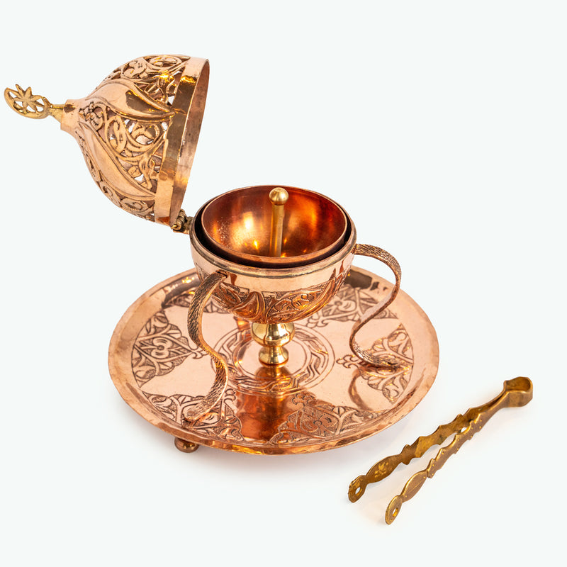 Handmade Copper Censer - Leaf and Islimi Pattern with Crescent and Star Finial