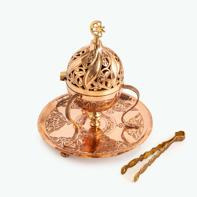 Handmade Copper Censer - Leaf and Islimi Pattern with Crescent and Star Finial