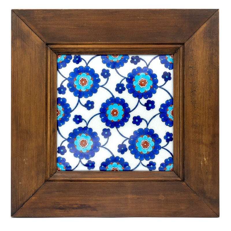 Iznik Tile Wall Tile - with Flower Motif Style in Wooden Frame [42,5 cm x 42,5 cm]