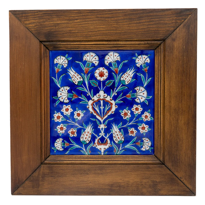 Iznik Tile Wall Tile - with Flower Garden Motif in Wooden Frame [42,5 cm x 42,5 cm]