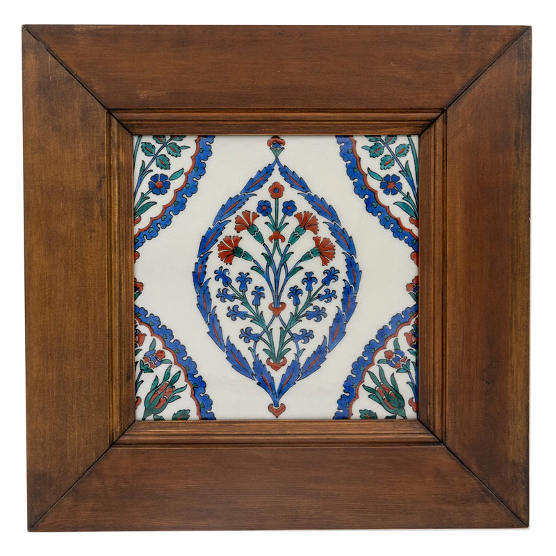 Iznik Tile Wall Tile - with cloves and hyacinth motif in the schemse in the wooden frame [42,5 cm x 42,5 cm]