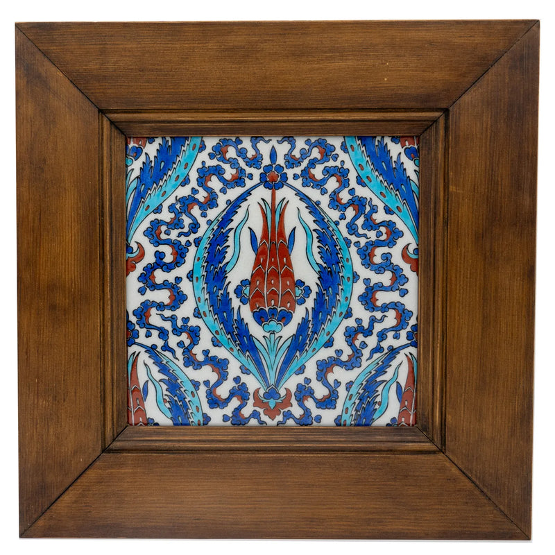 Iznik Tile Wall Tile - Tulip and Dagger Leaf Pattern in Wooden Frame [42,5 cm x 42,5 cm]