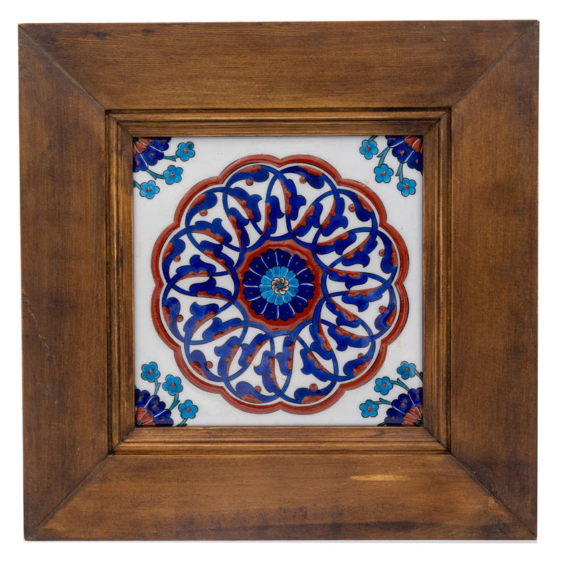 Iznik Tile Wall Tile - Müdevver Rumi/Istiimi Patterned in Wooden Frame [42,5 cm x 42,5 cm]