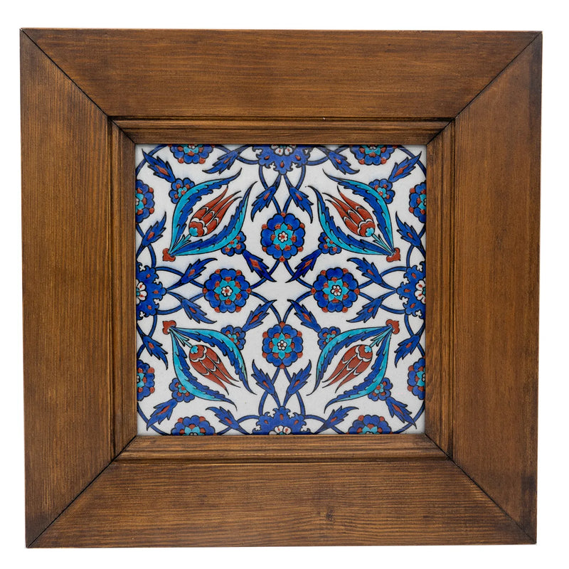 Iznik Tile Wall Tile - Tulip and flower motifs in four directions in the wooden frame [42,5 cm x 42,5 cm]