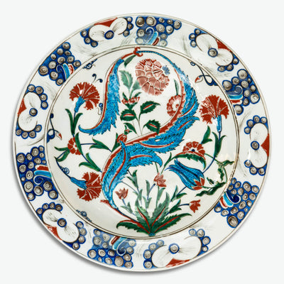 İznik Çini Tabak - 16. yy Orijinal Replika, Deniz ve Çiçekler [30,5 cm]