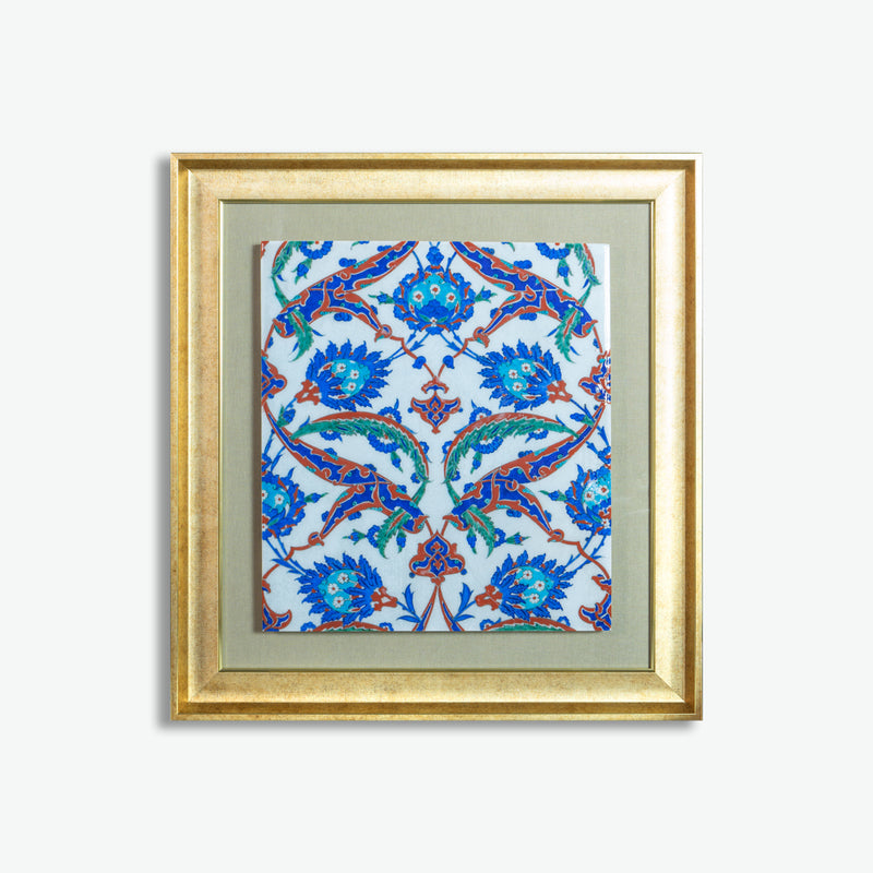 İznik Çini Duvar Karosu - Ahşap Çerçevede Hurde Rumi Desen Komposizyon [ 52 cm x 56,5 cm ]