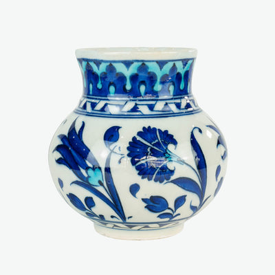 İznik Çini Vazo - Mavi Beyaz Kafanfiller ve Laleler [12 cm x 12 cm]