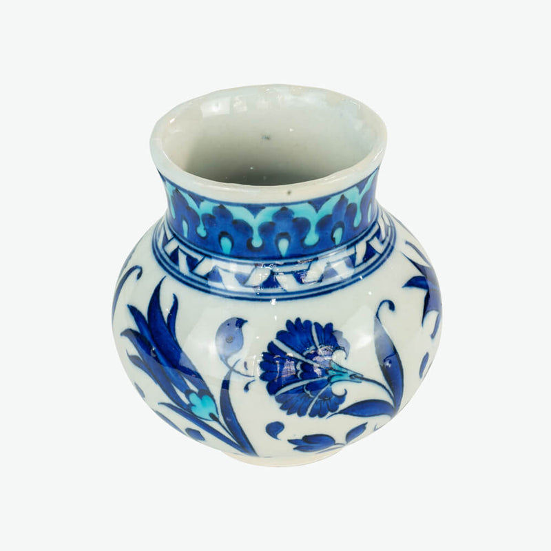 İznik Çini Vazo - Mavi Beyaz Kafanfiller ve Laleler [12 cm x 12 cm]