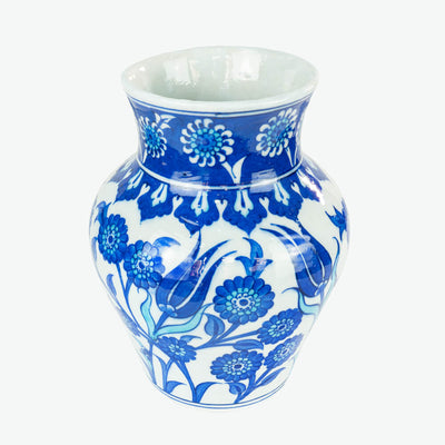 İznik Çini Vazo - Mavi Beyaz Lale Desenli [17 cm x 21 cm]