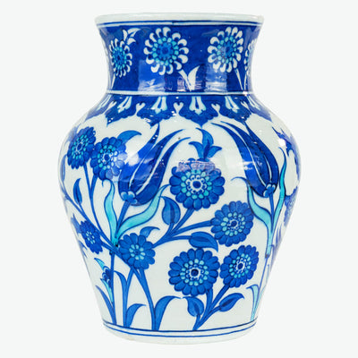 İznik Çini Vazo - Mavi Beyaz Lale Desenli [17 cm x 21 cm]