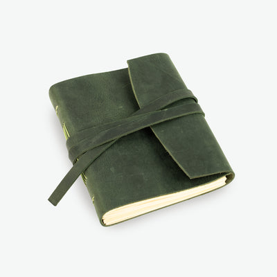 Handmade Leather Wraparound Journal - Crazy Horse Leather, Green Color, A6 Size 