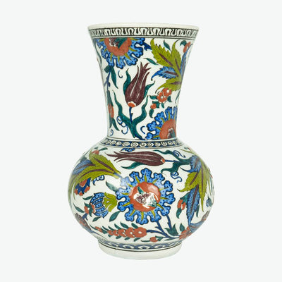 İznik Çini Vazo - Lale, Hatai ve Hançer Yapraklı [15 cm x 23 cm]